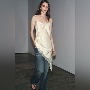Zara ZW Collection Asymmetric Lace Satin Dress Ivory Size Small NWT